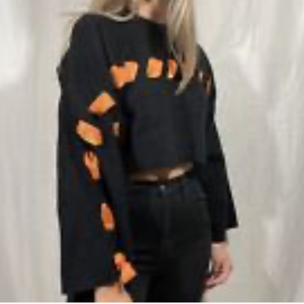 Worn once. BSBW black cropped flare sleeve sweater with grosgrain ribbon trim